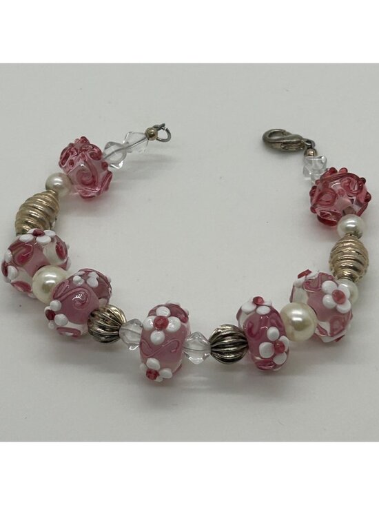 Estate Jewelry - Floral Lampwork Bracelet Glass Bead Bracelet Pink White Pearl Crystal Artisan
